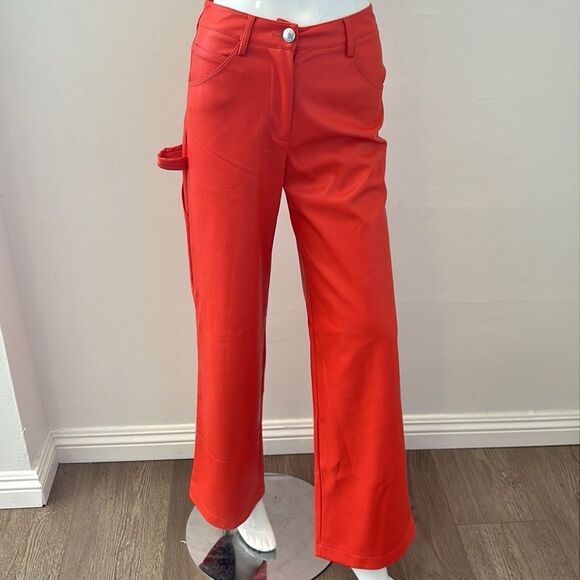 STAUD Cherry Red Vegan Faux Leather Domino Carpenter Pocket Wide Leg Pants - Picture 1 of 9